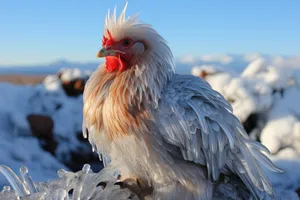 Feathered rooster on farm wading bird.