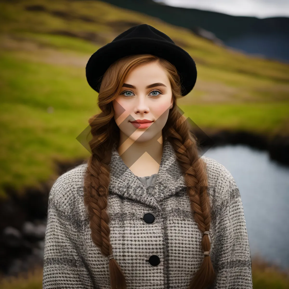 Picture of Smiling brunette lady in casual cardigan sweater outdoors