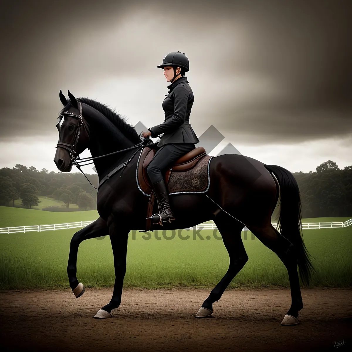 Picture of Riding Stallion with Polo Mallet in Harness