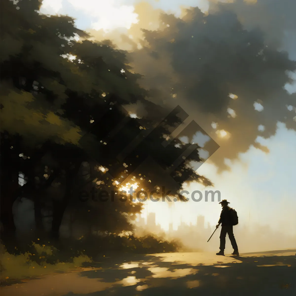 Picture of Silhouette of man at sunset on beach.