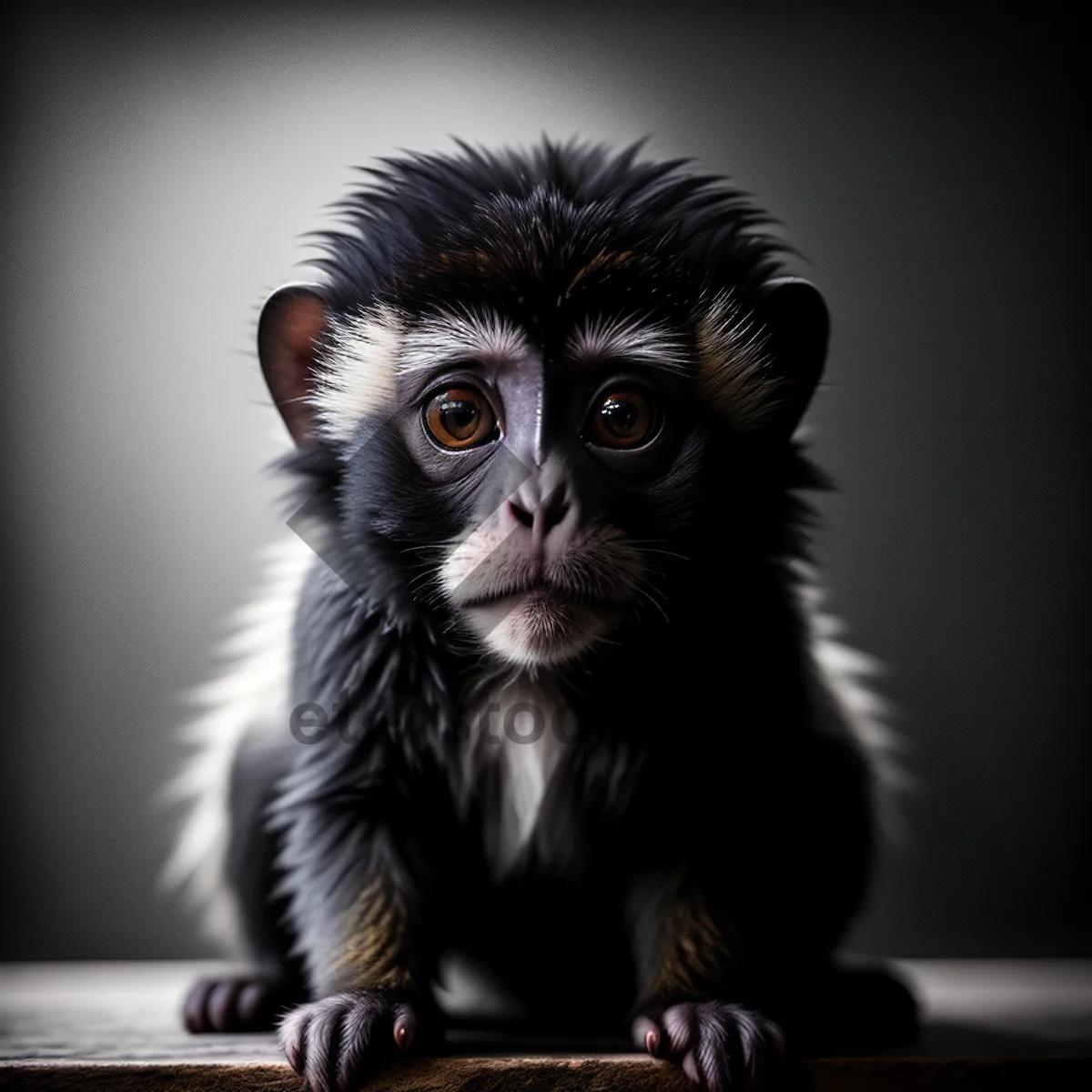 Picture of Furry Primate Portrait: Cute Baby Monkey with Black Eyes.