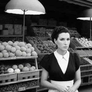 Happy woman shopping for fresh fruit at supermarket