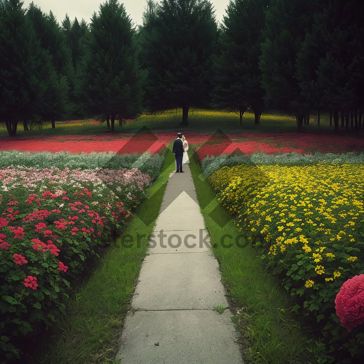 Picture of Serene Summer Landscape with Green Fields and Tulip Garden