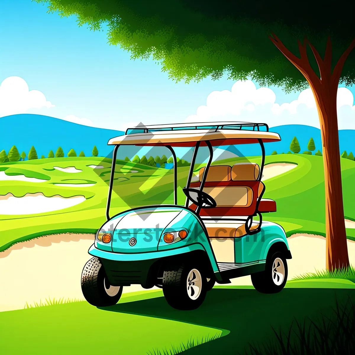 Picture of Sunny Golf Course Landscape with Golfer and Car