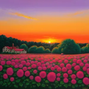 Rural Landscape with Colorful Tulip Field