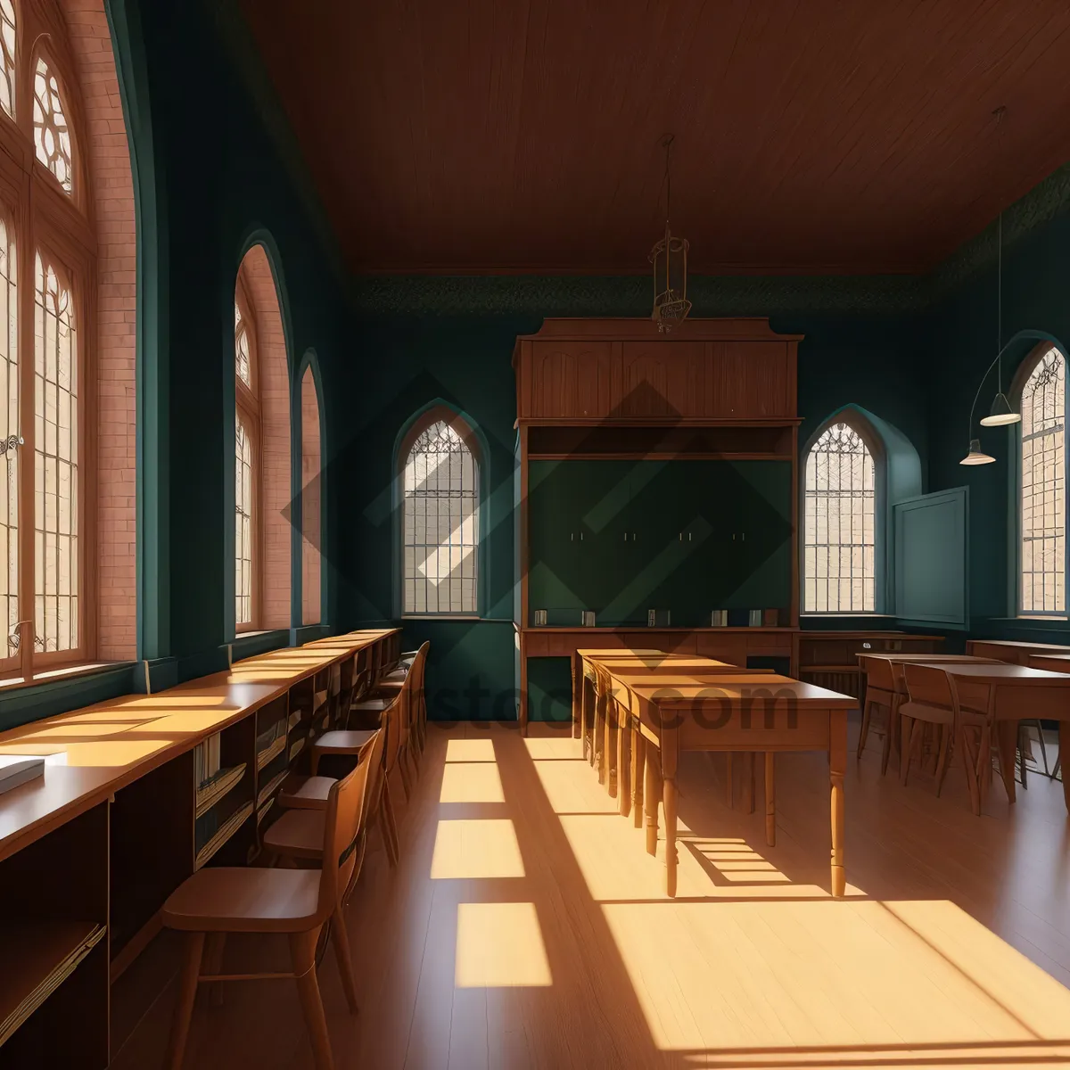 Picture of Stylish Restaurant Interior with Wood Furniture and Counter