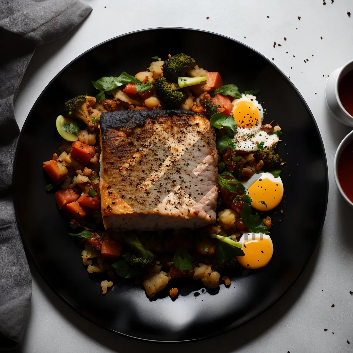 Picture of Gourmet grilled beef with fresh vegetables and sauce.