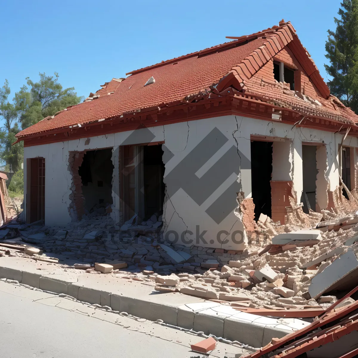 Picture of Residential Brick Home with Tile Roof and Sky