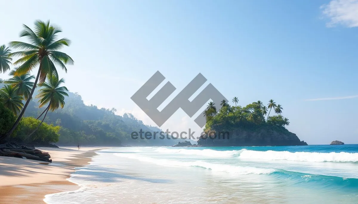 Picture of Tropical island beach with clear turquoise waters and palm trees.