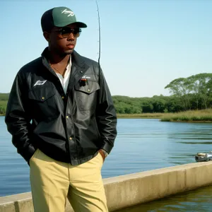 Male Fisherman with Hat and Fishing Gear