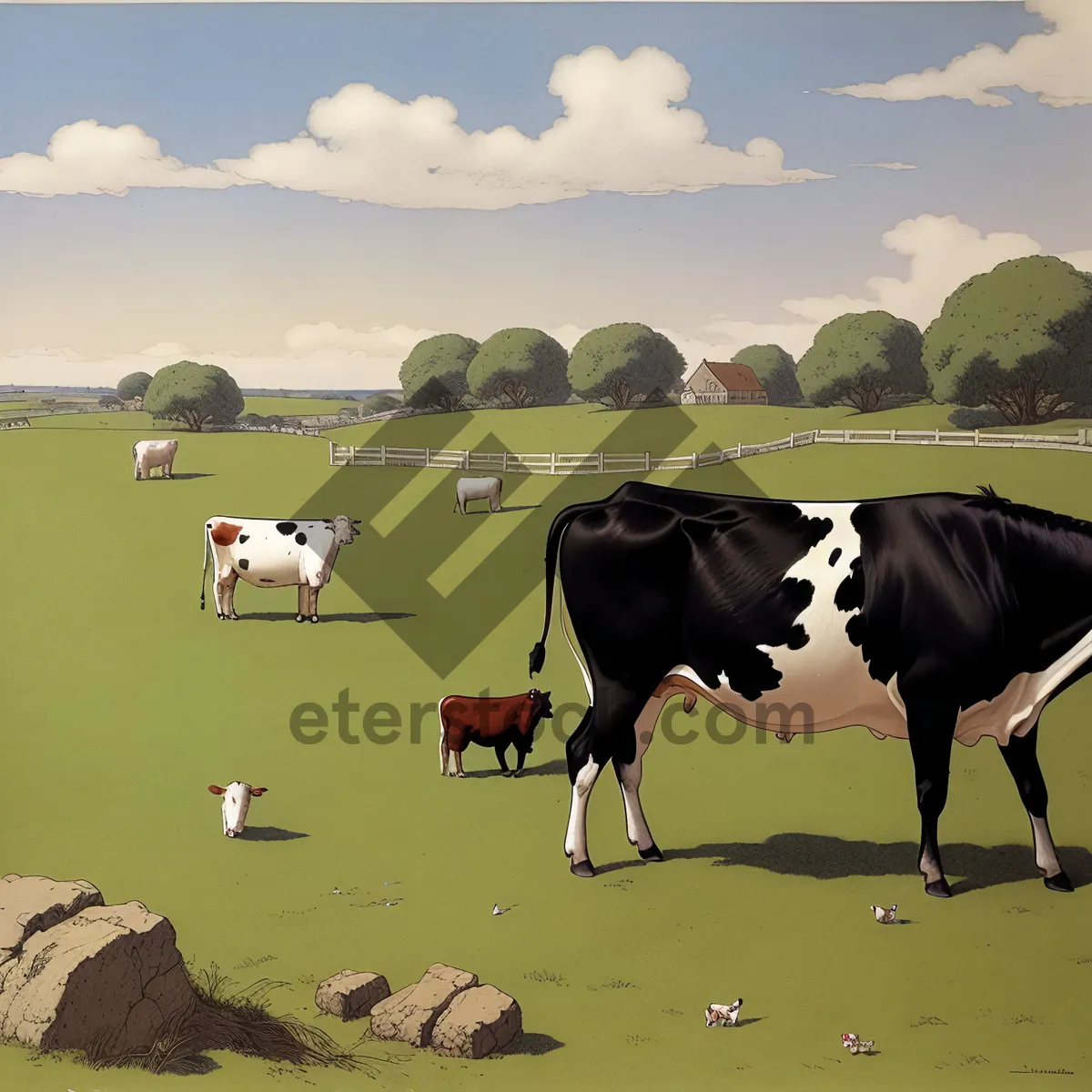 Picture of Idyllic Rural Landscape with Grazing Horses and Cows