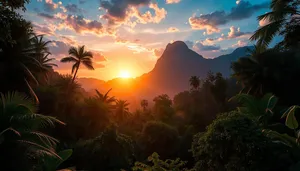 Silhouette tree and mountain against sunset sky.