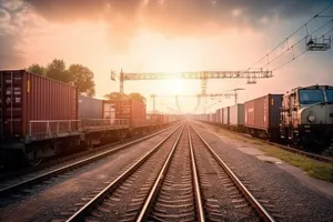 Urban Train on Railroad Track Speeding Through City