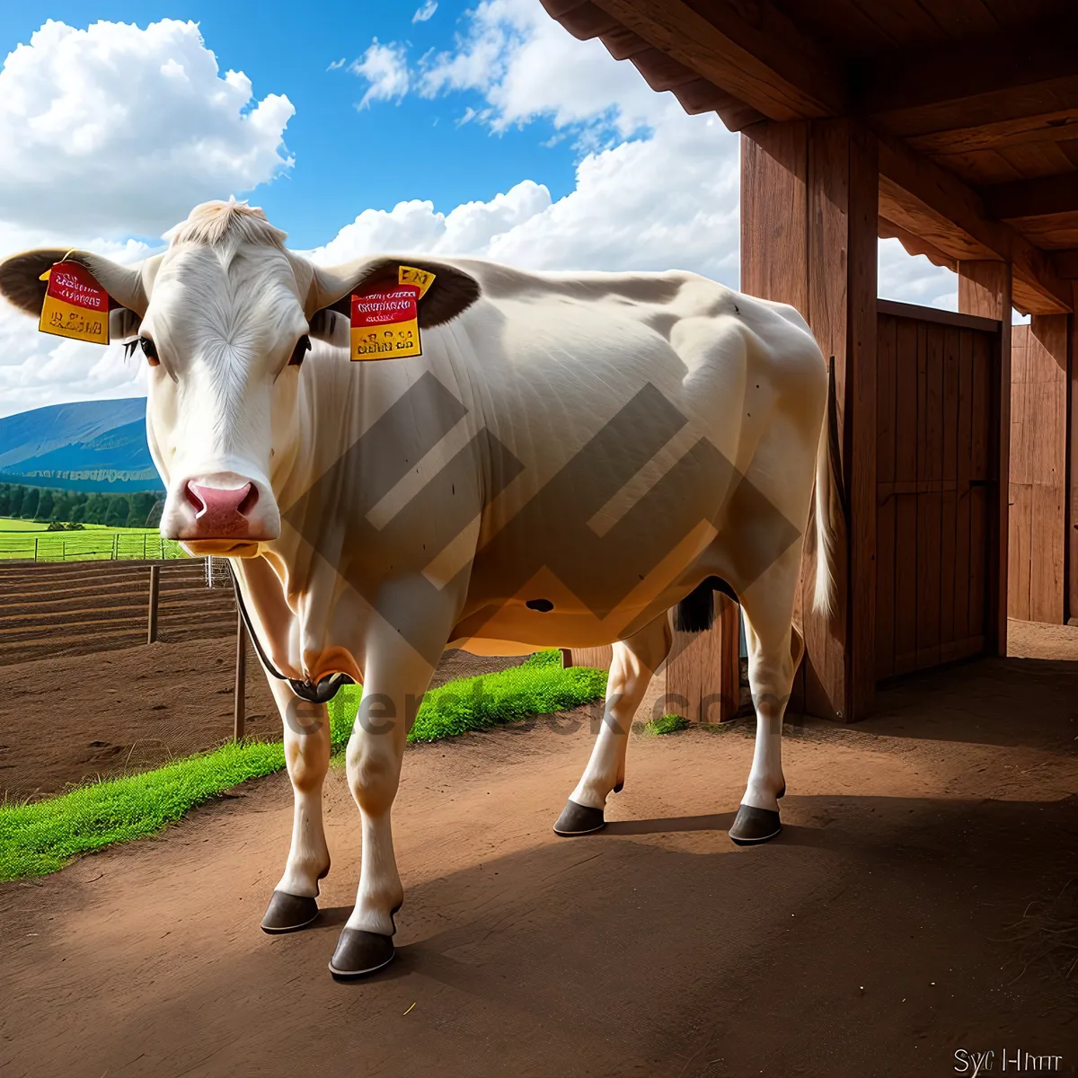 Picture of Rural Pasture with Cows Grazing in Meadow