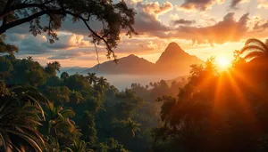 Orange sunset over forested mountains with starry sky.