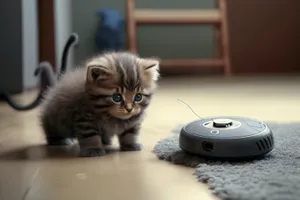 Fluffy tabby kitten wearing lens cap by device.