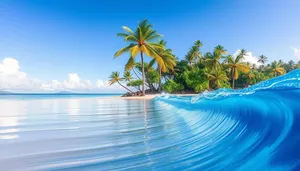 Tropical beach with palm trees and crystal clear water.