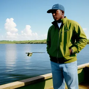 Fisherman Reeling in Catch by the Sea