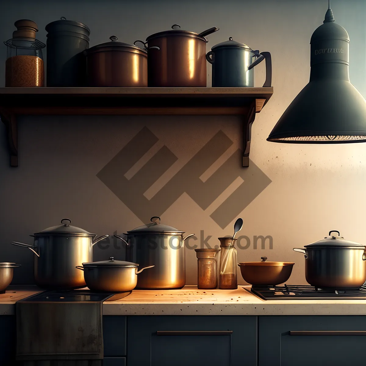 Picture of Stylish Kitchen Interior with Coffee and Tea Pots