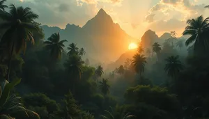 Tropical sunset over palm trees on beach island.