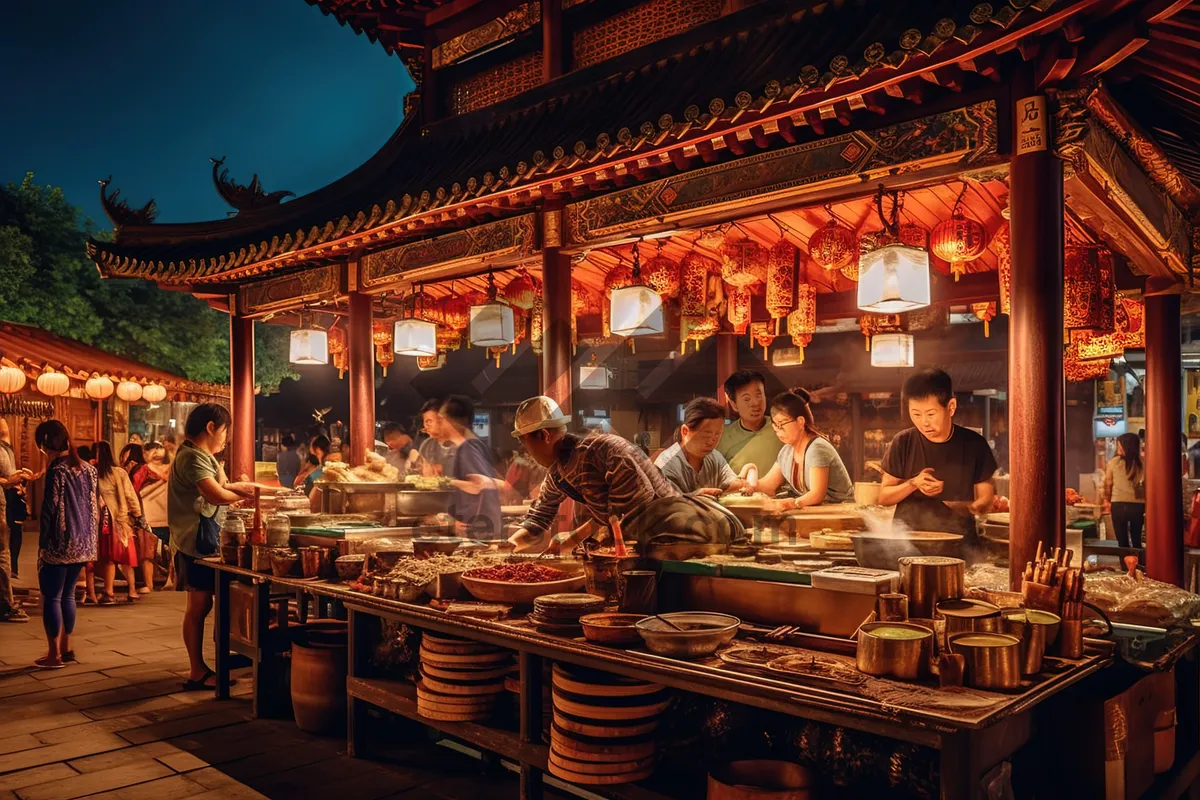 Picture of Restaurant interior with waiter serving in cafeteria setting.