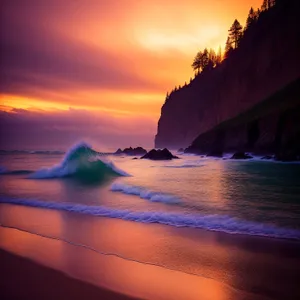 Golden Horizon: Serene Beach Sunset with Reflecting Celestial Star