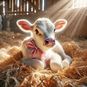 White Calf With Pink Bow In a Barn