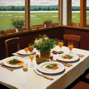 Dining table setup with wine glasses and plates.