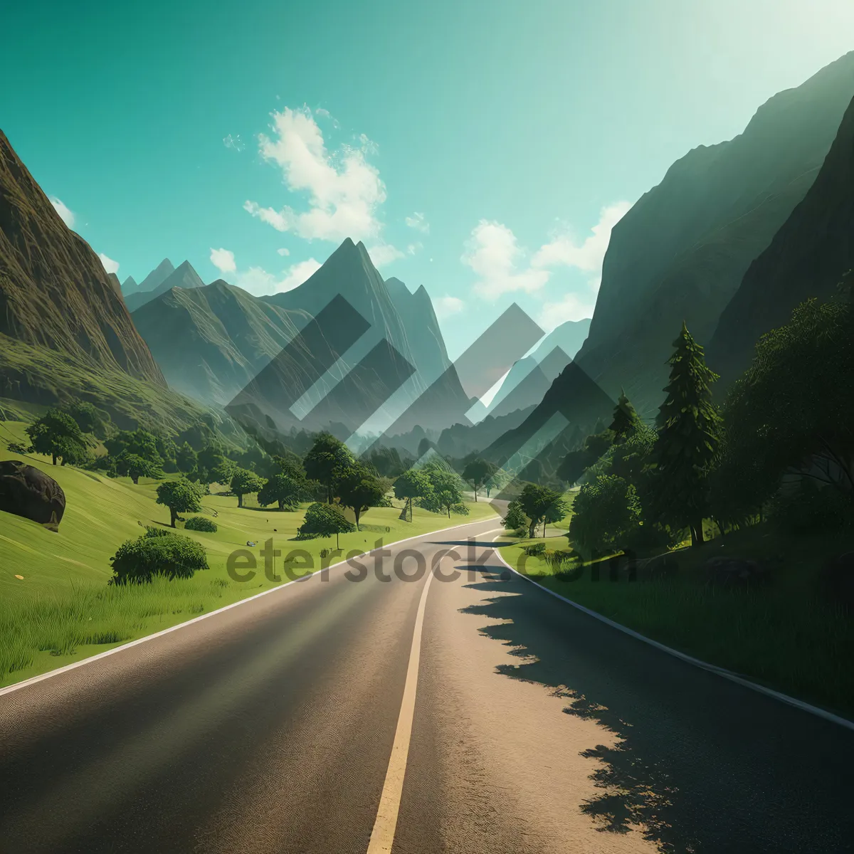 Picture of Alpine Roadway Serenity: Majestic Mountain Landscape with Azure Sky