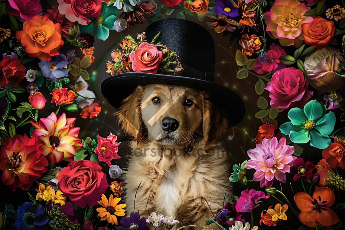 Picture of Cute retriever dog with feather boa and scarf