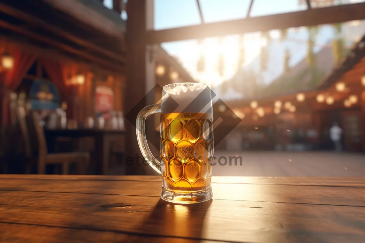 Picture of Golden beer in frosty mug with bubbles.