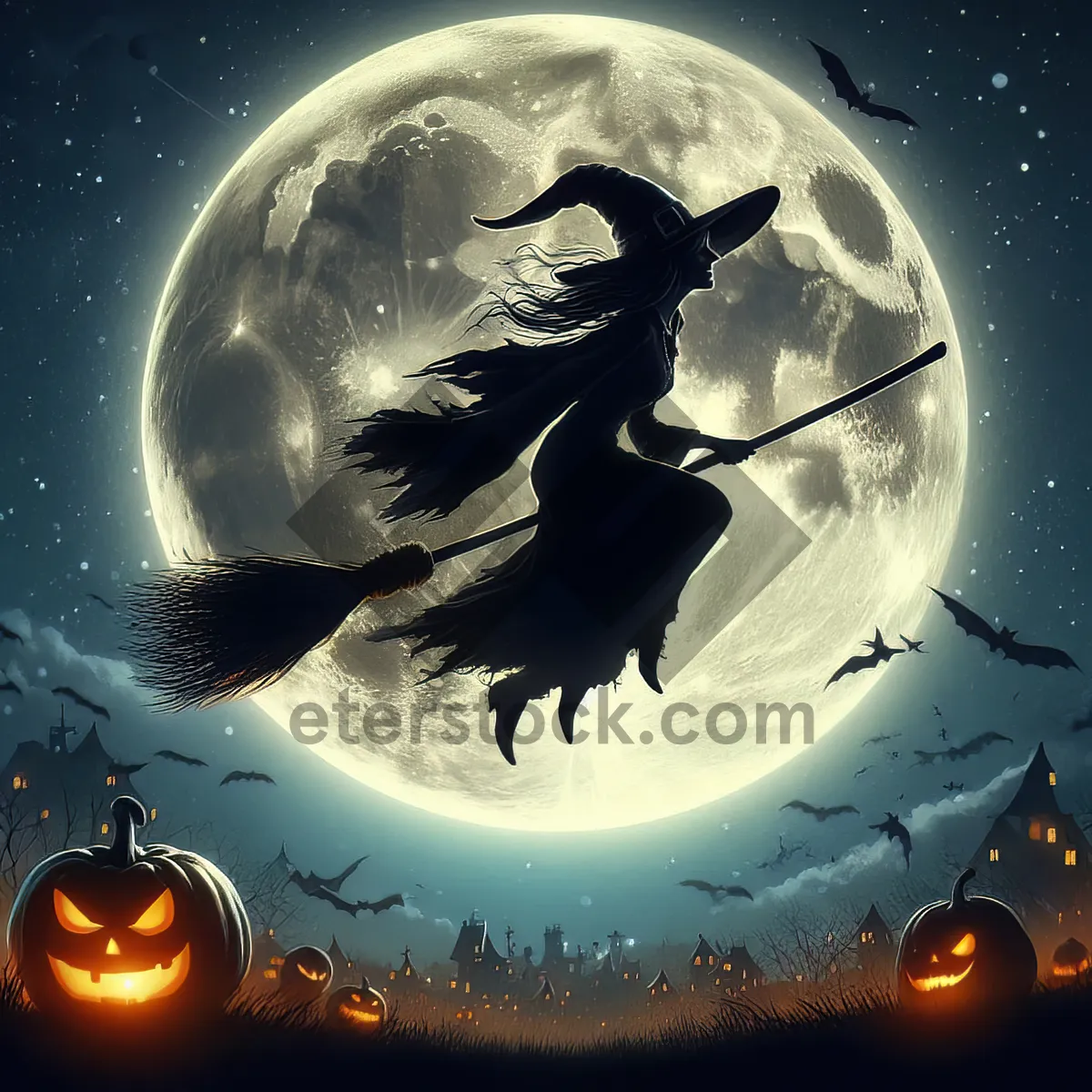 Picture of A witch flying on a broomstick against a huge full moon. AI, Generation, Illustration