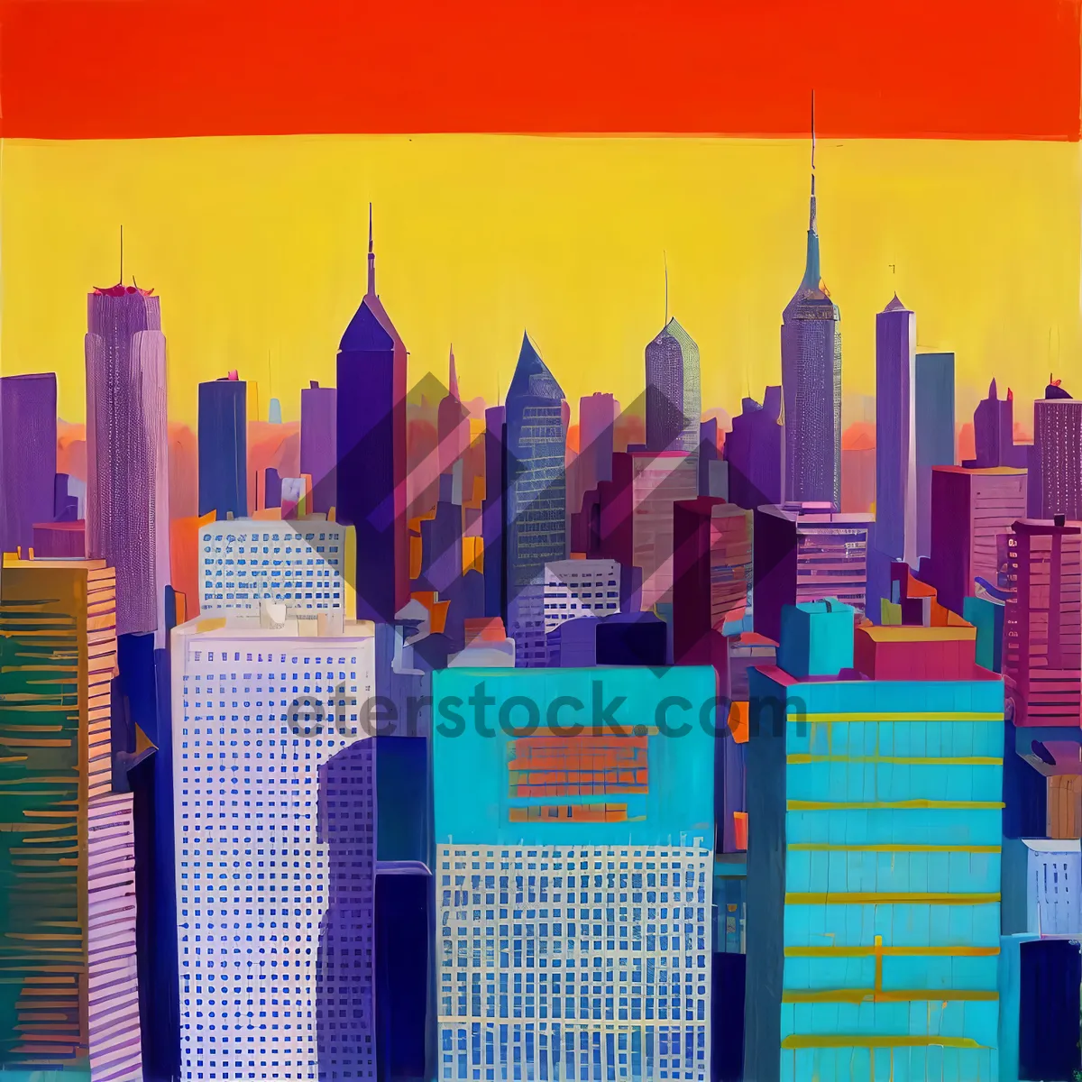 Picture of Vibrant Cityscape featuring Colorful Pencils and Modern Skyscrapers