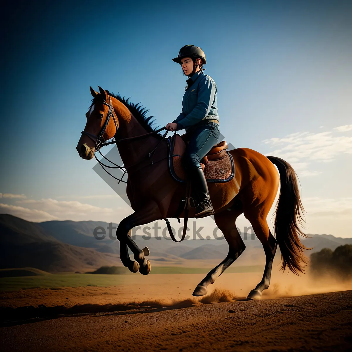 Picture of Silhouette of Cowboy Riding Stallion at Sunset