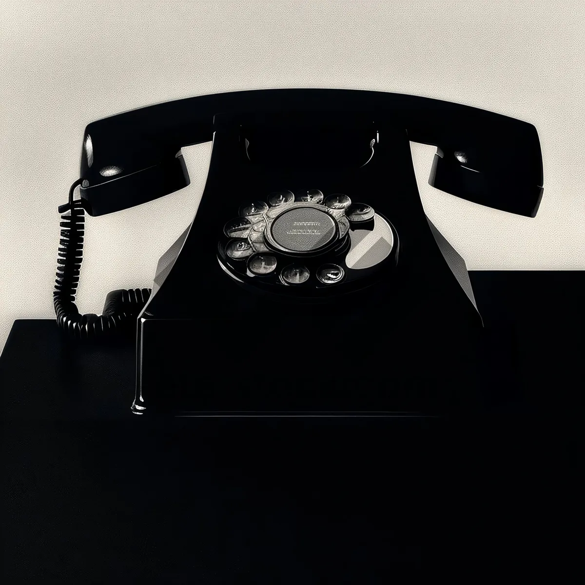 Picture of Vintage black rotary dial telephone on office desk.