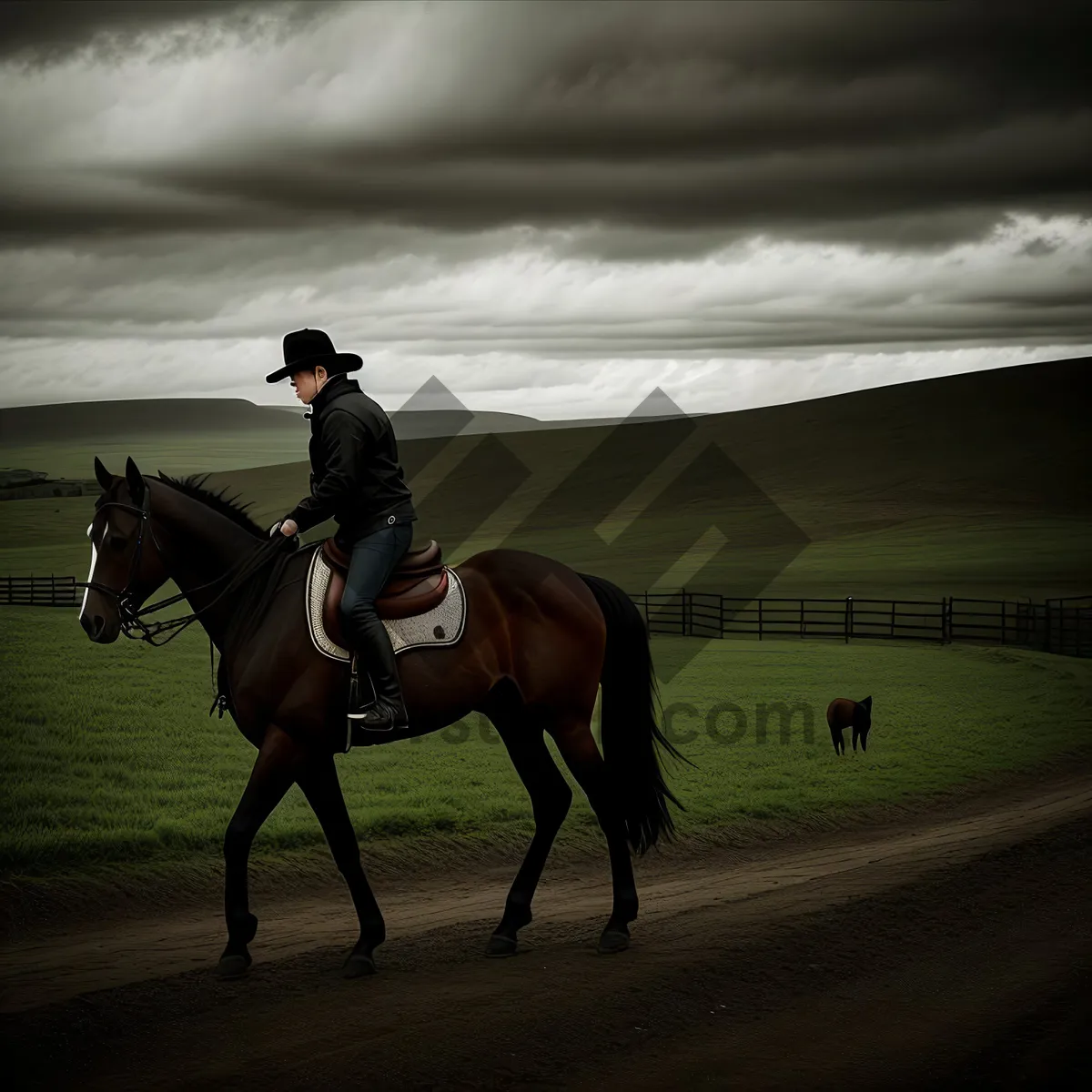 Picture of Thoroughbred stallion with saddle in rural field.