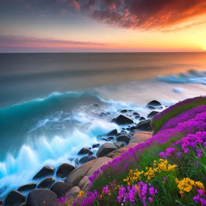 Vibrant Summer Sunset Over Meadow and Horizon