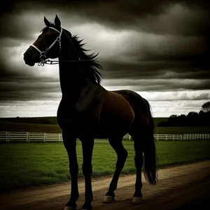 Brown Thoroughbred Stallion grazing in Meadow