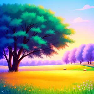 Vibrant Summer Sunset over Meadow and Horizon