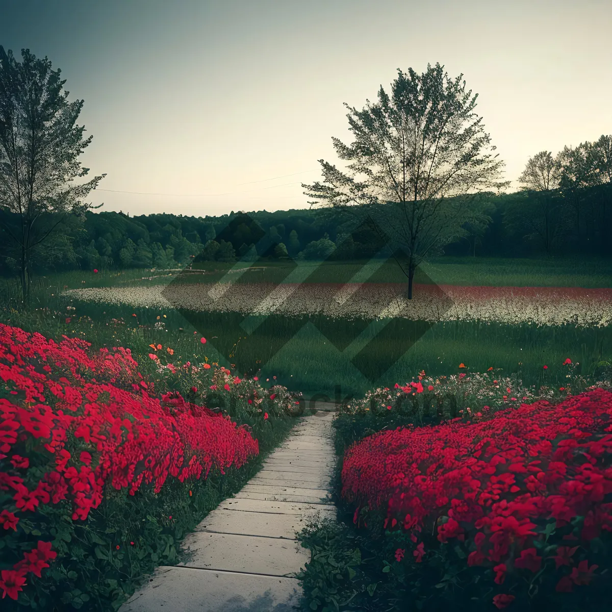 Picture of Serene Summer Park Landscape with Vibrant Tulip Flower Bed