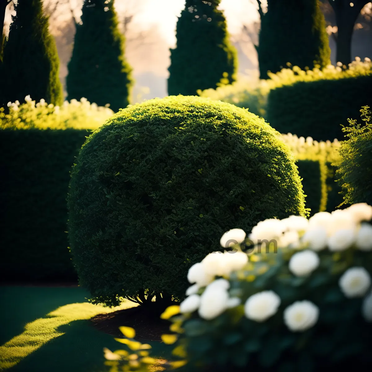 Picture of White Bridal Wreath Shrub in Grass Ball