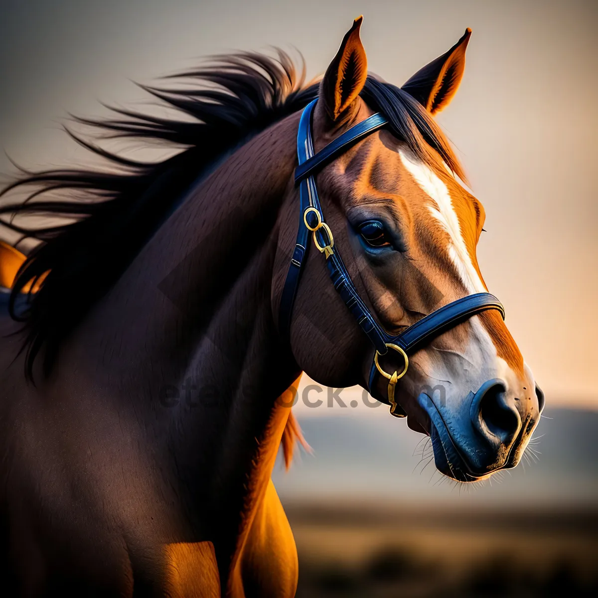 Picture of Thoroughbred Stallion in Brown Headgear Grazing