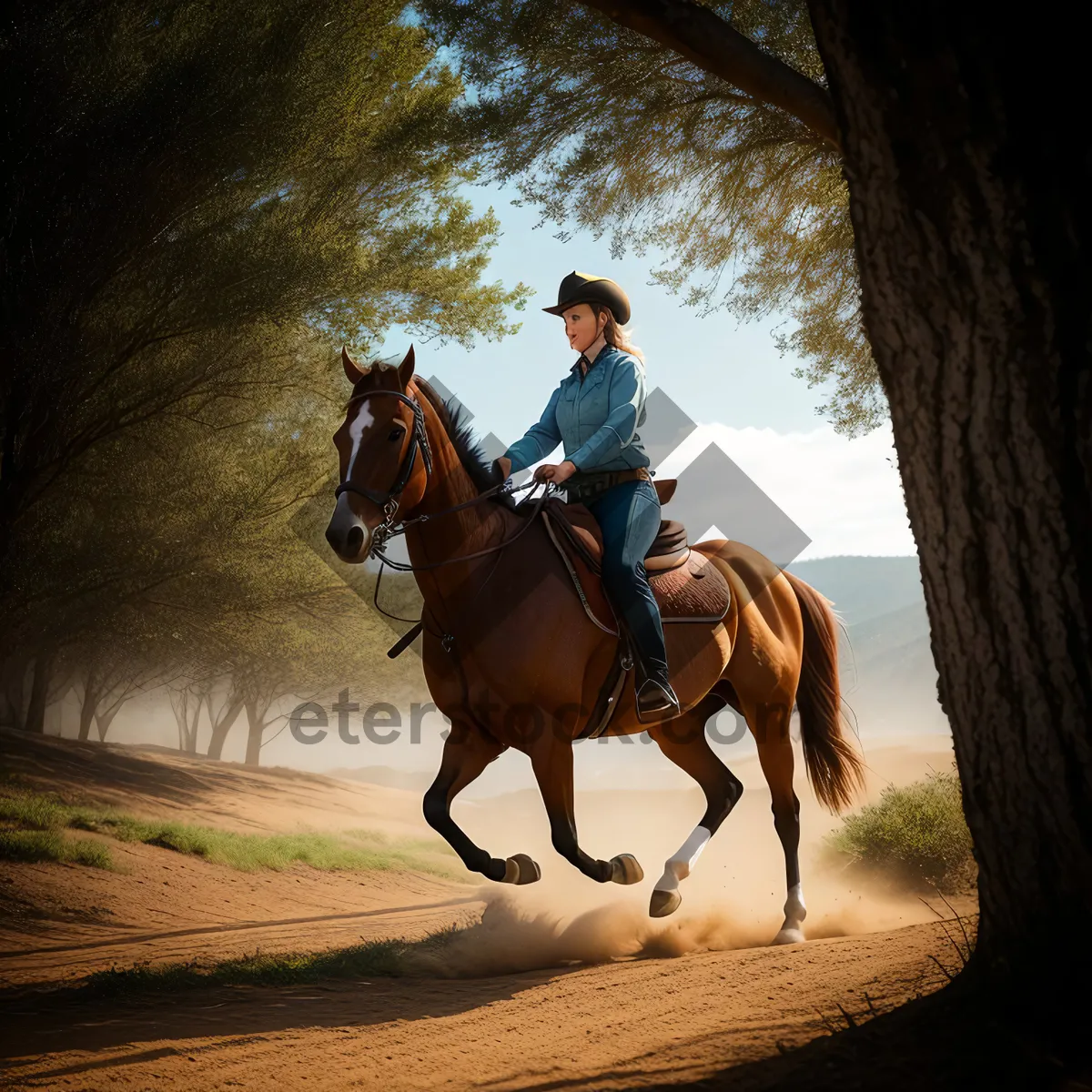 Picture of Thrilling Equestrian Action in Scenic Ranch Meadow