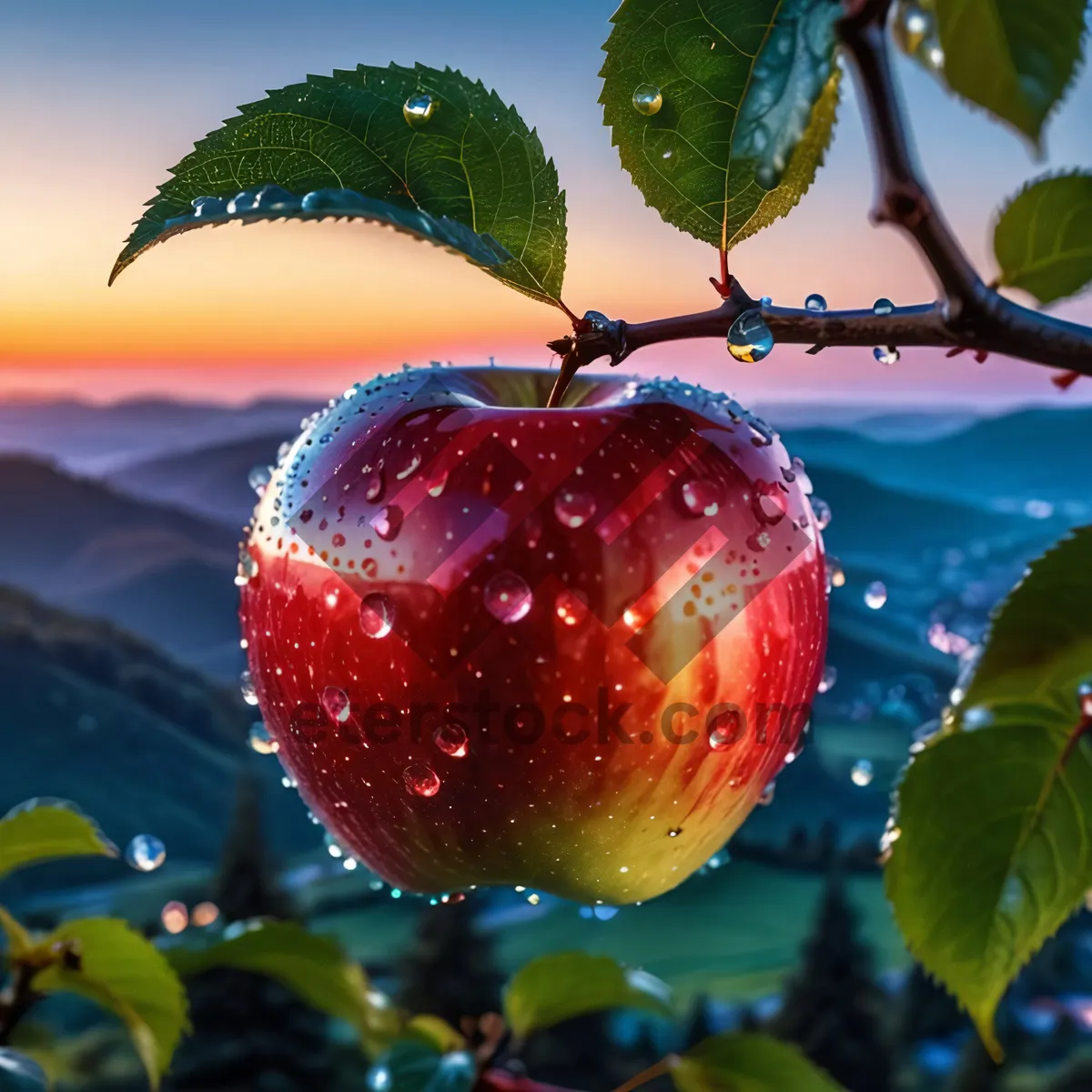 Picture of Fresh Cherry Apple Fruit on Tree Branch