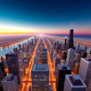 Modern city skyline overlooking river at sunset