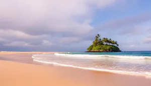 Tropical island beach with clear turquoise water and palm trees.