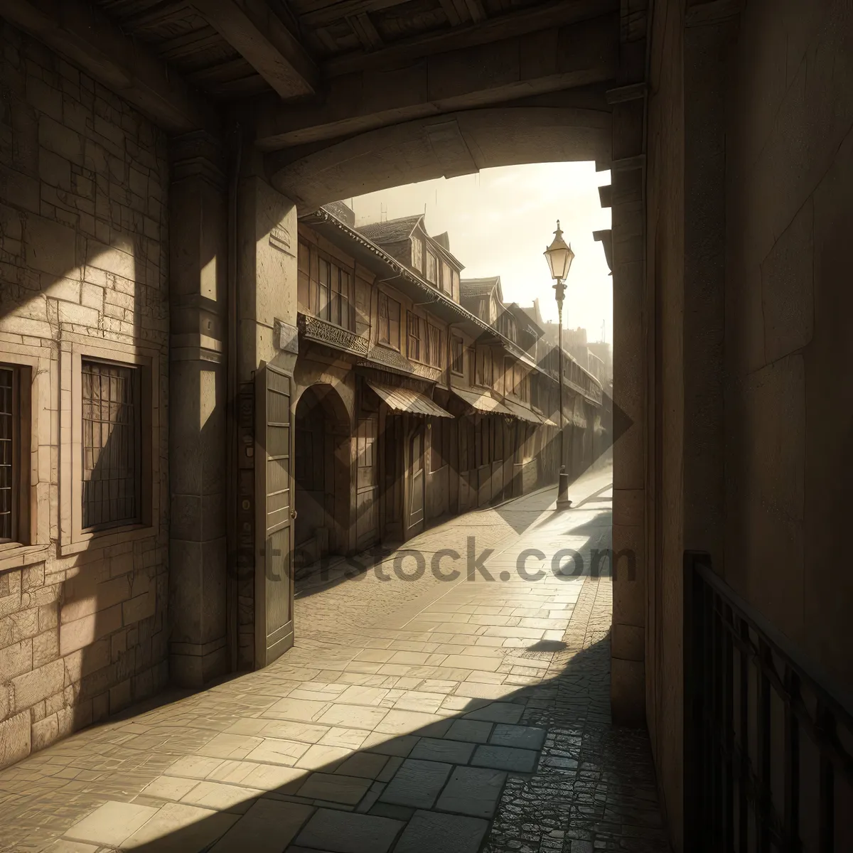 Picture of Ancient City Palace with Stone Columns and Arched Windows.