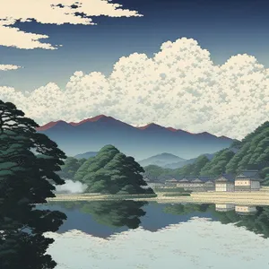 Serene coastal landscape with trees and clear blue water
