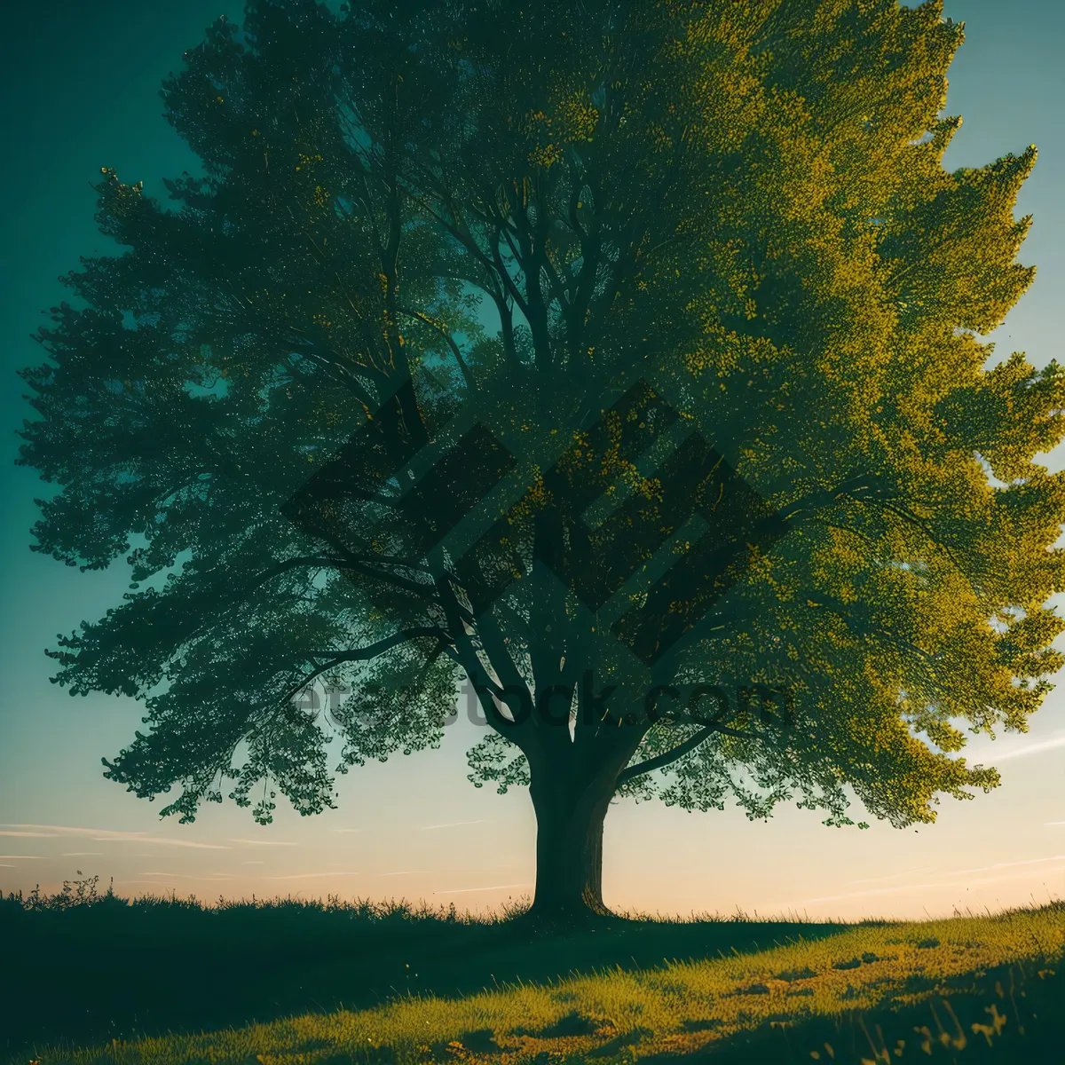 Picture of Golden Oak Tree Standing Amidst Vibrant Autumn Landscape