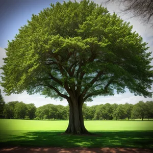 Serene Summer Scene: Majestic Trees and Sunny Sky in a Peaceful Park